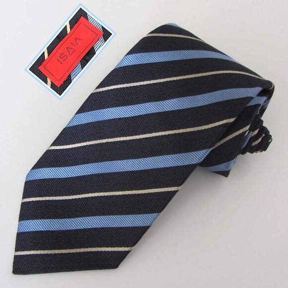 ISAIA Napoli 7 Fold navy striped pattern tie 100% silk Italy - Picture 1 of 7